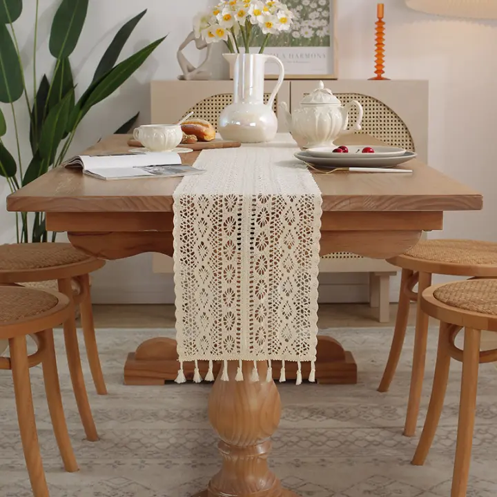 Mantel de Ganchillo Beige con Borlas Vintage para Cocina - 1