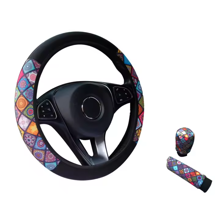 Cubierta De Volante Y Freno De Mano De Tela Con Diseño De Flor Y Red De Araña Sin Anillo Interior 3 Piezas Para Coche - 1