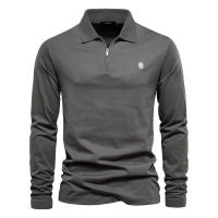 Otoño e Invierno nueva camisa POLO de manga larga bordada casual de color sólido top cremallera solapa polo de algodón puro - details 1