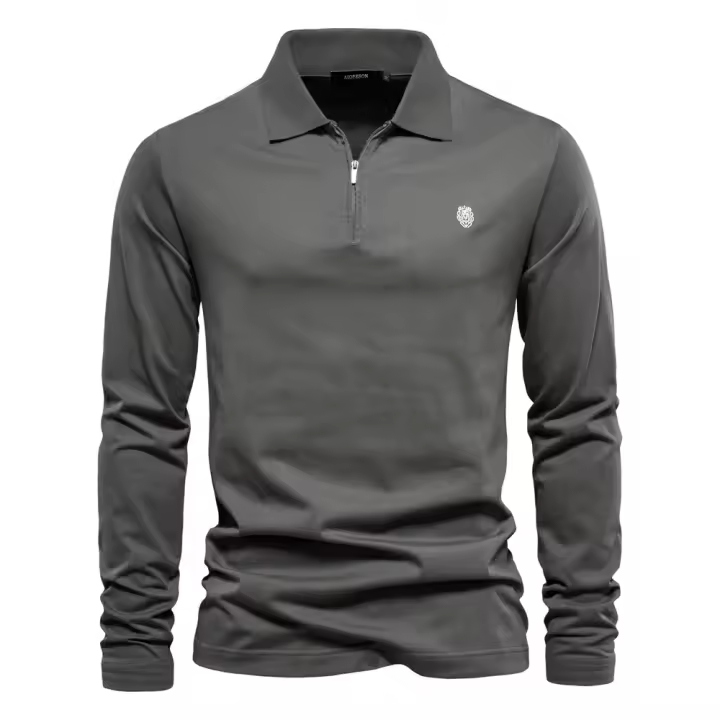 Otoño e Invierno nueva camisa POLO de manga larga bordada casual de color sólido top cremallera solapa polo de algodón puro - 1