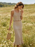 Conjunto De Ropa Elegante Para Mujer 2 Piezas Primavera/Verano 2026 Camisola Y Falda Midi De Punto Con Volante Y Salto Hollow out - details 4