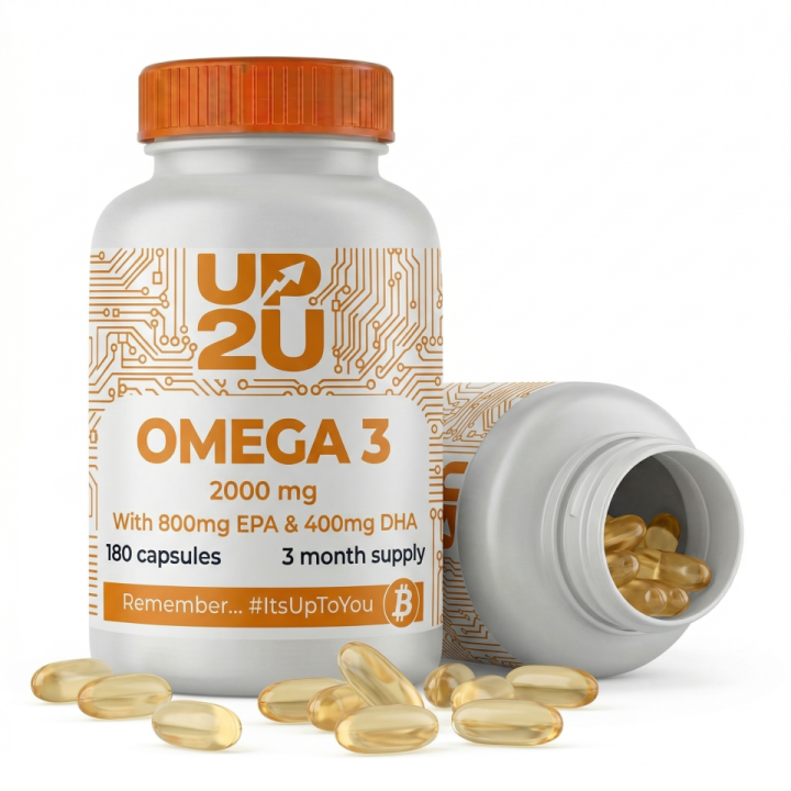 Omega 3 UP2U Nutrition – 180 Cápsulas – 800 mg EPA y 400 mg DHA por Dosis – Con Vitamina E – Aceite de Pescado – Fabricado en España