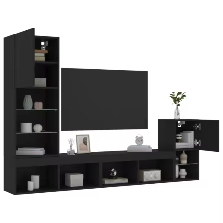 vidaXL Muebles de TV de pared con LED 4 pzas madera ingeniería negro - 1