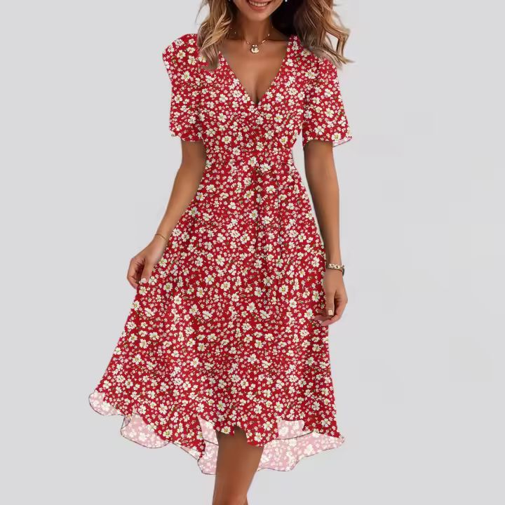 Vestido Casual De Moda Para Mujer Con Cuello En V Manga Corta Volante Vintage Impresión A-Line De Pierna Larga Estilo Italiano - 1