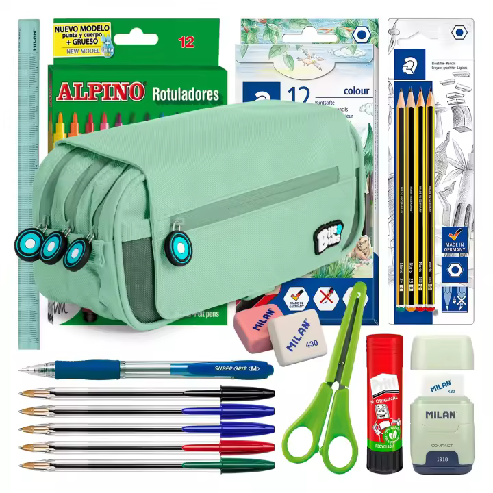 ColePack BitsBobs - Estuche Triple de 3 Cremalleras con Material Escolar Incluido. Mint Soft - 1
