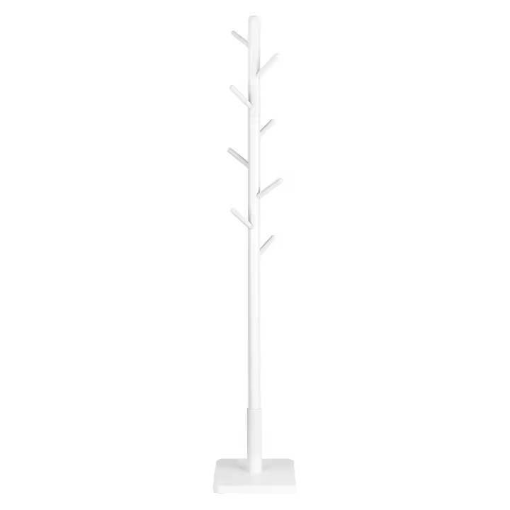 VASAGLE Perchero, Perchero de Madera Maciza, Perchero de Pie con 8 Ganchos para Abrigo, Sombrero, Bolso, Cartera, para Entrada, Pasillo, Ganchos y Mástil de Madera de Caucho, Negro Tinta/Beige Natural/Blanco Nube - 1