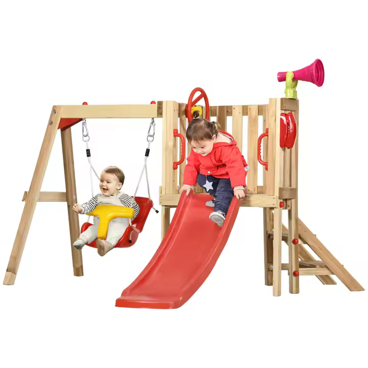 Outsunny Juego de Tobogán y Columpio para Niños de 18-48 Meses 4 en 1 Parque Infantil de Madera con Columpio Tobogán Volante Bocina Teléfono para Patio Césped 170x200x118 cm Rojo y Natural - 1