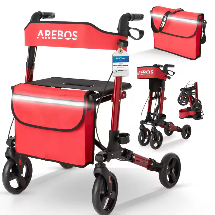 AREBOS Caminador Andador Plegable de Aluminio con Ruedas Ligero con Frenos 136kg Rojo - 1