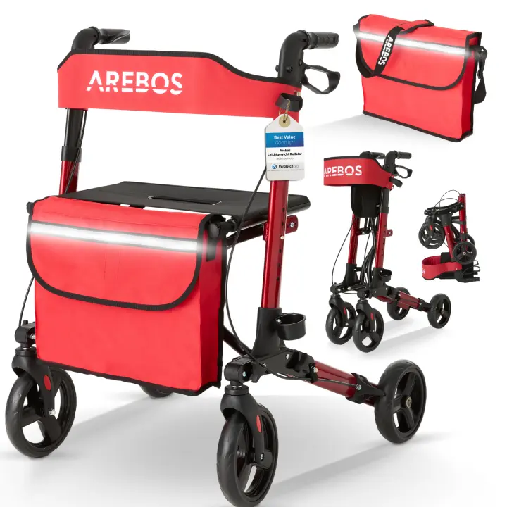 AREBOS Caminador Andador Plegable de Aluminio con Ruedas Ligero con Frenos 136kg Rojo - 1