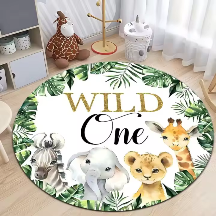 Alfombra Redonda De Animales Del Safari Para Habitación De Niños Alfombra Antideslizante Para Sala De Estar Decoración De Hogar Con Estampado De Selva Y Sellos De Muebles Tamaño Personalizable - 1