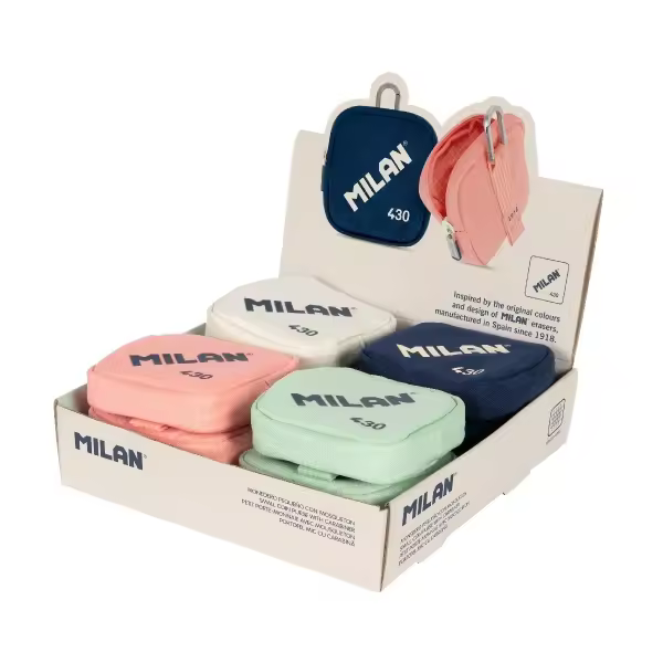 Milan serie 1918 430 expositor con 12 monederos pequeños - tamaño monedero 10,3x10x2,5cm - cierre de cremallera - mosqueton de aluminio - colores surtidos - 1