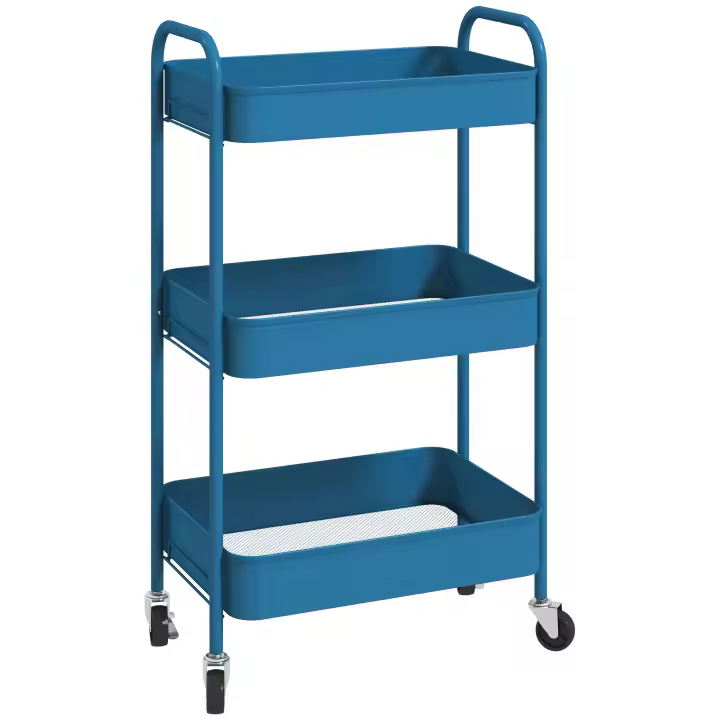 HOMCOM Carrito Auxiliar con Ruedas Carrito de Almacenamiento con 3 Cestas y Marco de Acero para Salón Dormitorio Oficina Cocina 45x30,6x79 cm Azul Claro - 1