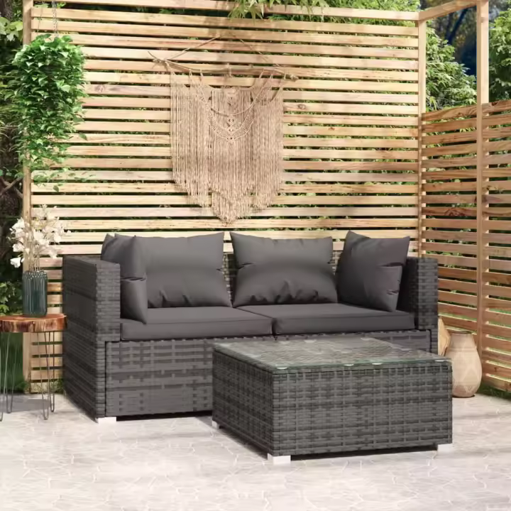vidaXL Set de muebles de jardín 3 pzas y cojines ratán sintético gris - 1