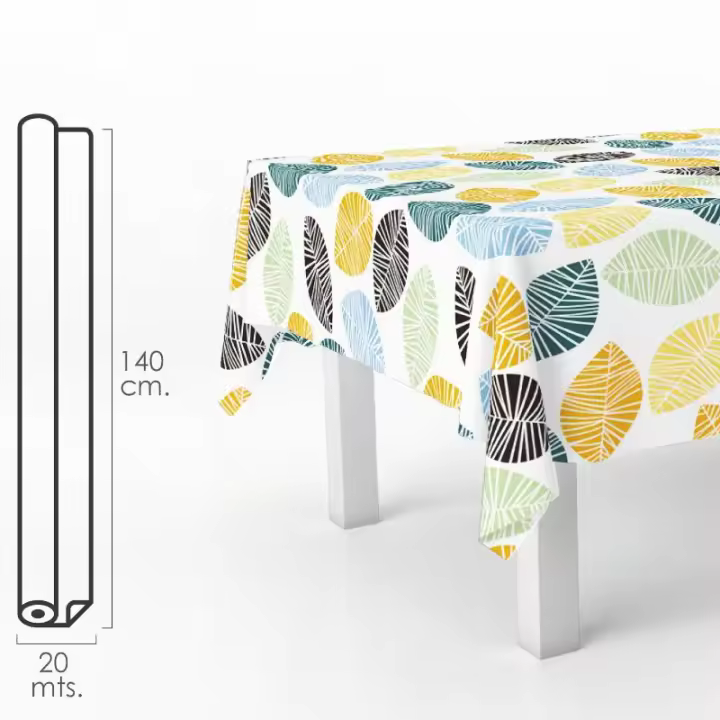 Mantel hule rectangular hojas colores. impermeable antimanchas pvc 140 cm. x 20 metros. rollo recortable. interior y exterior - 1