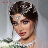 YouLaPan Diadema De Boda Elegante Para Mujeres Con Rhinestone Y Hojas Simuladas Accesorio De Cabello De Novia Dorado Plata Tamaño 40CM*22CM - details 3