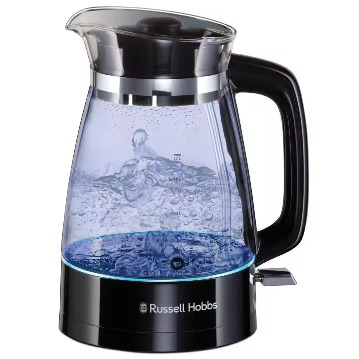 Russell Hobbs Hervidor Glass Classic 26080-70 - diseño de cristal con plástico negro y detalles de acero inoxidable,1,7 l,boquilla de vidrio, iluminación interior azul, 2400 W. - 1