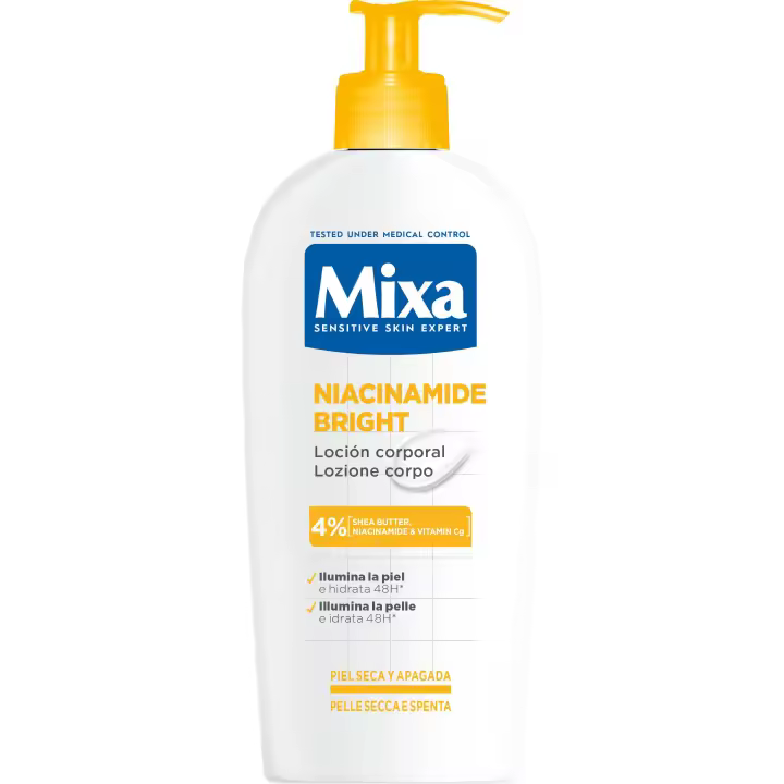 MIXA |  Crema, Loción Corporal y/o aceite corporal anti estrias con niacinamida antimanchas e iluminadora para una piel sana, radiante y un tono uniforme. - 1