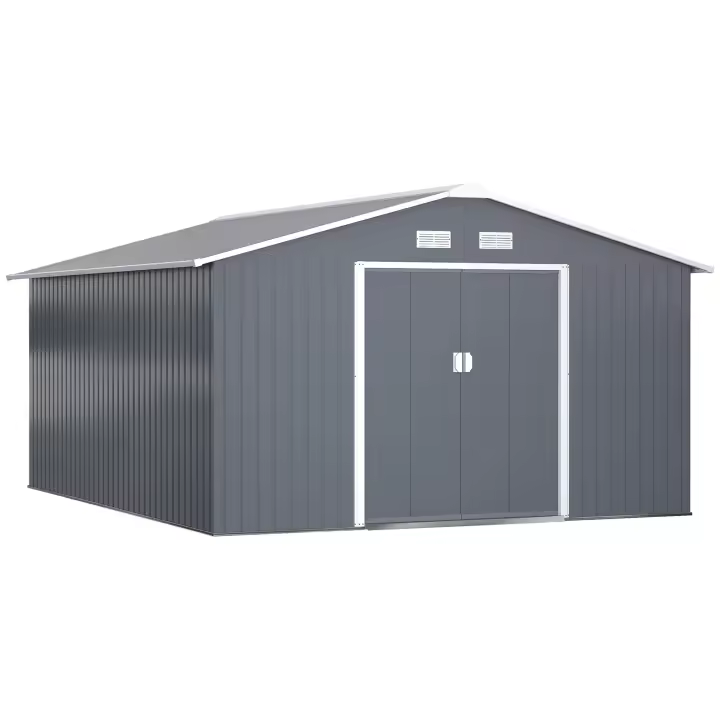 Outsunny Cobertizo de Jardín 340x386x200 cm 12,4 m²  Caseta Exterior de Acero para Almacenamiento de Herramientas con Puertas Correderas y Ventilaciones - 1