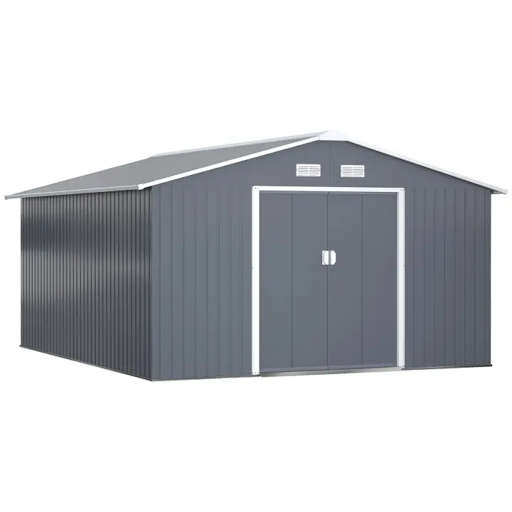 Outsunny Cobertizo de Jardín 340x386x200 cm 12,4 m²  Caseta Exterior de Acero para Almacenamiento de Herramientas con Puertas Correderas y Ventilaciones - 1