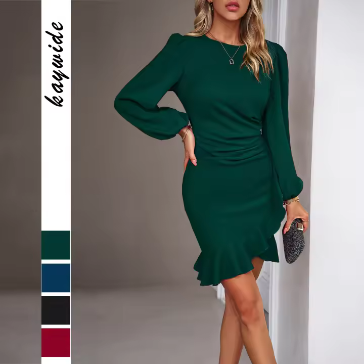 New women's elegant puff sleeve solid color dress - 1