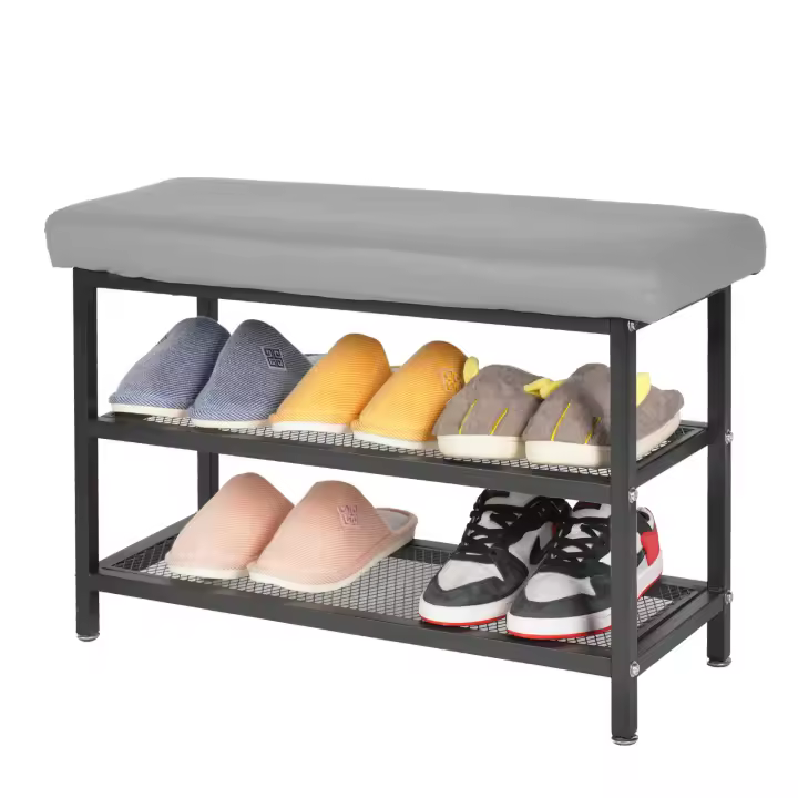 ALLINLIFE Banco Zapatero, Banco tapizado para Zapatos, con cajón, 2 Filas para 6 Pares de Zapatos, Estructura de Acero, Industrial,Cojines de asiento blandos， Marrón Rústico y Gris,Blanco,Naranja - 1