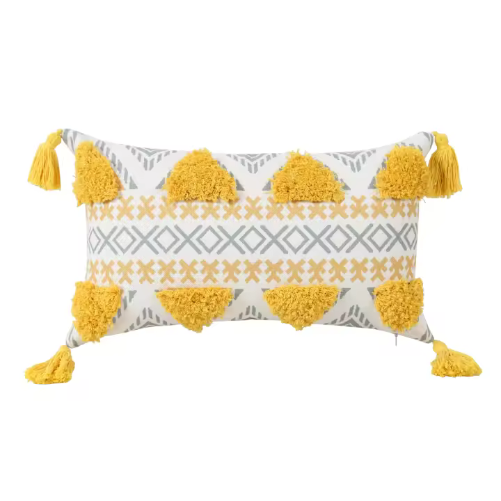  Funda De Cojín Geométrica Amarilla Con Borlas Para Decoración De Sofá Y Dormitorio Funda De Cojín Cuadrada Desmontable Y Lavable Estilo Mediterráneo - 1