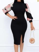 Vestido Bodycon Largo Para Mujer Con Manga Larga Y Estampado Mixto LW Vestido De Fiesta De Noche Con Abertura En La Frontera Cuello Bocina Ajustado - details 0