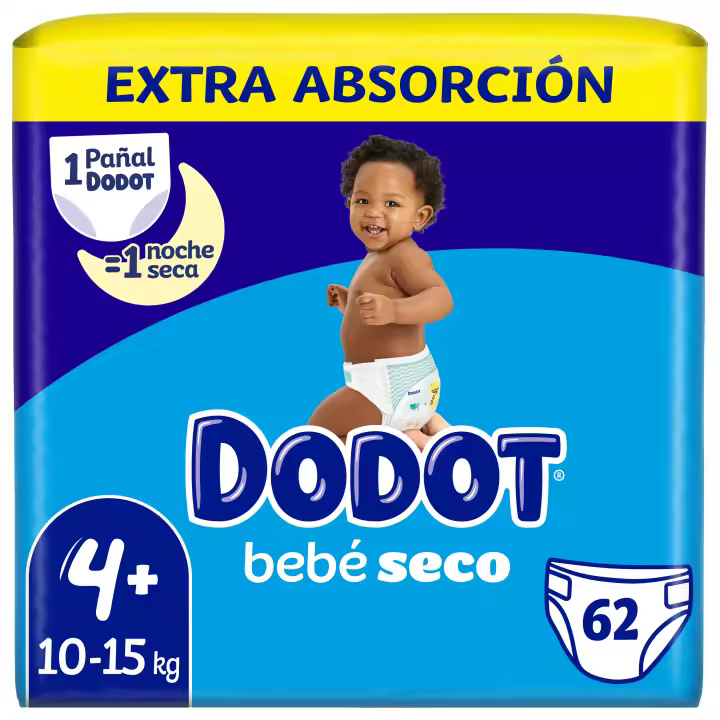Dodot Pañales Bebé-Seco Talla 4+ PLUS  (10-15 kg) - 62 Pañales con Protección Antifugas - Pack Talla 4+ Plus Jumbo - 1
