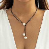 Collar De Cadena De Correa Negra Gótica Para Mujer Moda Ajustable Con Colgante De Perla Sintética Hecho a Mano Estilo Vintage - details 0