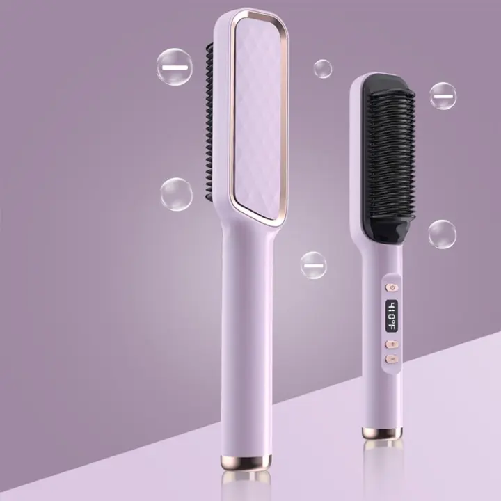 🎁【Detalles para Mamá】Ceramic Hair Straightener Brush, 35W, 2-in-1 Curling and Straightening Comb, with LCD Display, Adjustable Temperature, 220V European Standard Plug, for Unique Hairstyles, Mother'S Day Gift-Cecodadi - 1