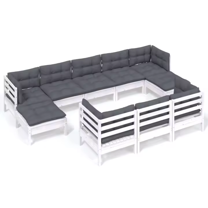 vidaXL Muebles de jardín 10 pzas cojines blanco madera maciza de pino - 1