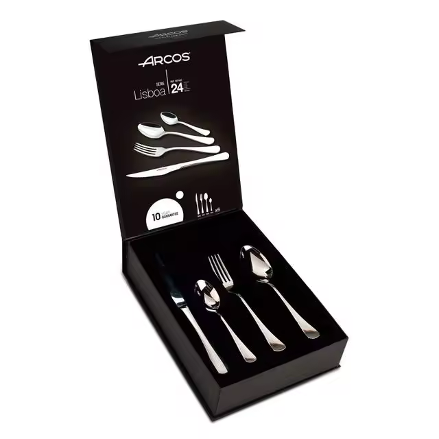 Arcos Serie Lisboa - Cubertería de 24 piezas en Caja de Regalo (6 Cuchillos + 12 Cucharas + 6 Tenedores) - Monoblock de una pieza en Acero Inoxidable - Color Plata - 1