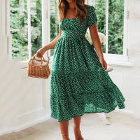 Vestido Vintage De Maxi Largo Con Manga Puff Estampado Floral Para Mujer Vestido Casual De Playa Estilo Vintage Con Cuello Cuadrado Y Volantes - details 0