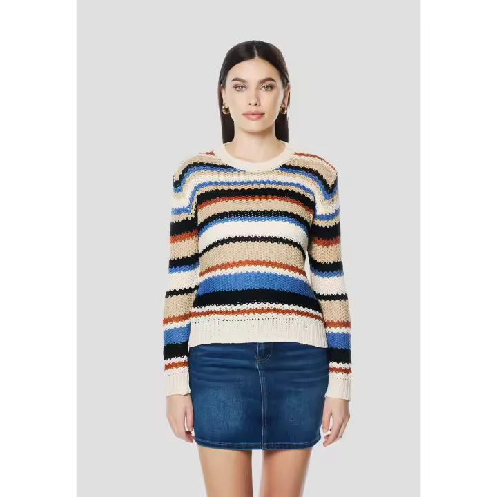 Koroshi - Jersey de mujer de tricot 100% acrílico con rayas multicolor y textura en relieve, cuello redondo y manga larga para entretiempo - 1