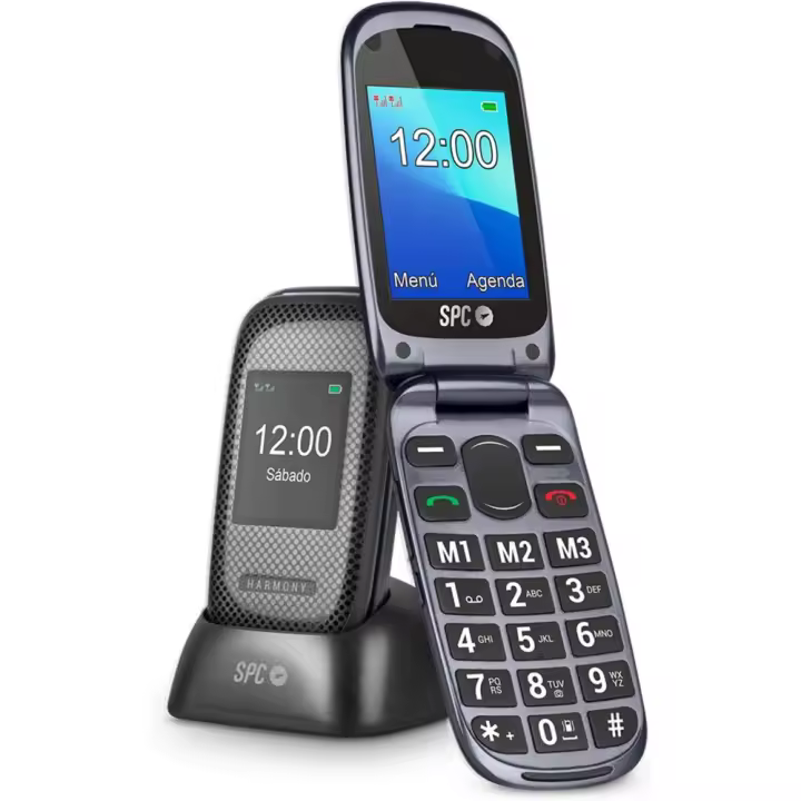 SPC Harmony - Teléfono para Personas Mayores con Pantalla de Números y Letras Grandes - Compatible con Audífonos - Doble Pantalla - Botón SOS - 3 Memorias Directas - Base de Carga - Color Negro - 1