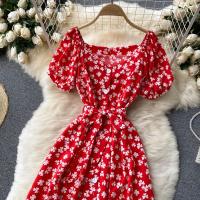 Vestido Midi Elegante De Verano Para Mujer Con Cuello En V Estampado Floral Manga Acolchada Cintura Alta Botones Vestido De Playa Rojo/Amarillo/Negro - details 23