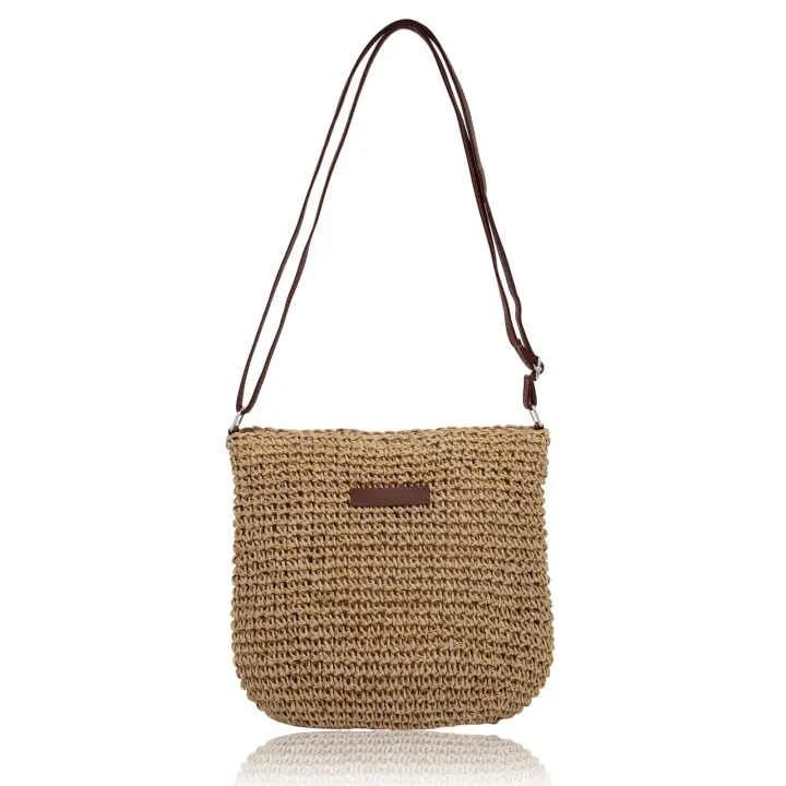 Bolso de paja para Mujer, Bolso bandolera de Playa de Verano con Cremallera y Correa de hombro ajustable, Bolso de hombre Hecho A Mano - 1