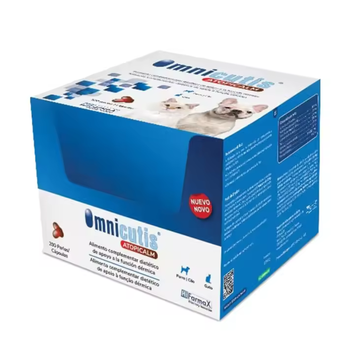 Omnicutis Atopicalm 200 cápsulas suplemento que ayuda a mejorar la piel y el pelaje de perros y gatos en casos de dermatosis y alopecia Hifarmax - 1
