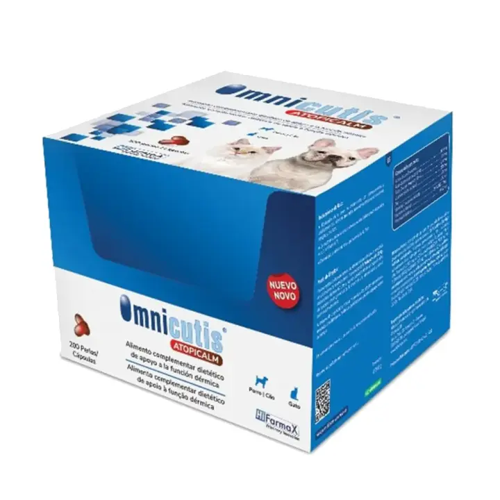 Omnicutis Atopicalm 200 cápsulas suplemento que ayuda a mejorar la piel y el pelaje de perros y gatos en casos de dermatosis y alopecia Hifarmax - 1