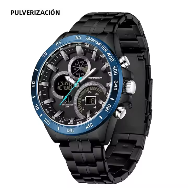 Reloj De Pulsera Deportivo Para Hombre SANDA De Lujo Acero Inoxidable Tiempo Dual Pantalla LED Luminosa Resistente Al Agua Con Alarmas Y Calendario - 1