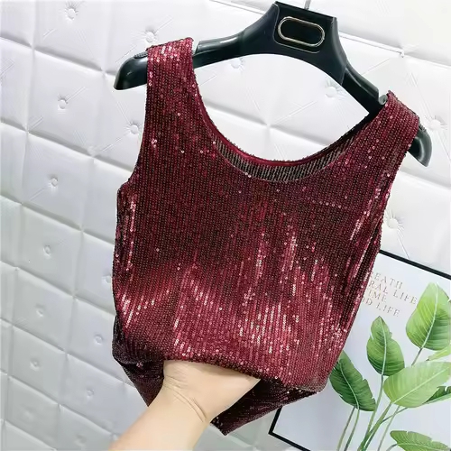 Chaleco De Noche Con Lentejuelas Para Mujer Estilo De Calle Blanca Brillante Poliéster Talla Regular Top De Verano 2022 - 1