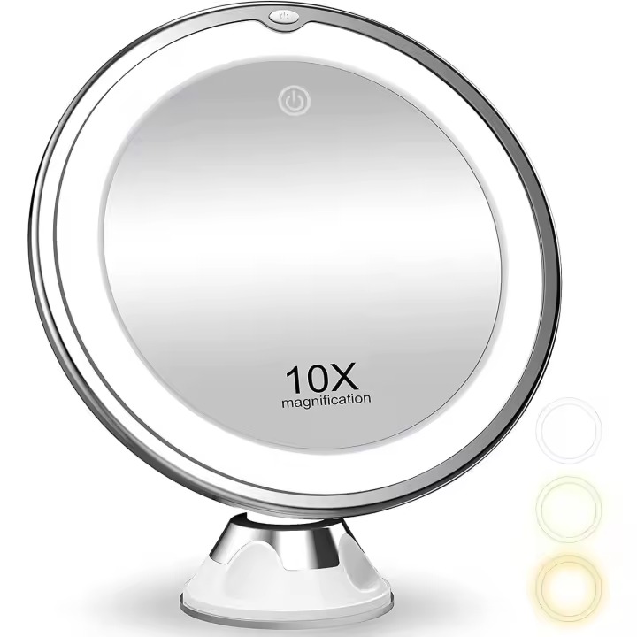 Espejo de maquillaje con aumento de 10 aumentos y luces, iluminación de 3 colores, espejo de ducha para baño con ventosa, rotación de 360 grados, portátil para un maquillaje detallado - 1