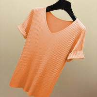 Camiseta De Mujer De Verano Con Cuello En V Y Manga Corta Tejida En Color Negro Y Naranja Estilo Slim Para Ocio Casual - details 13