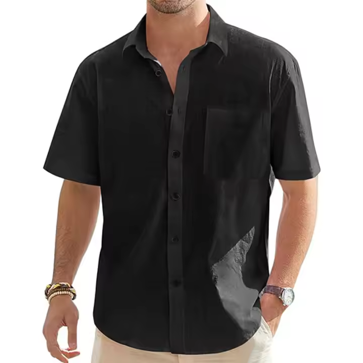 Camisa De Hombre De Algodón Y Lino Con Manga Corta Estilo Casual Para Vacaciones Playa Verano Con Bolsillo Cierre De Botones - 1