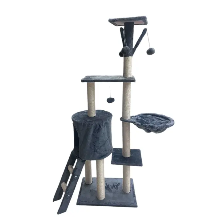 Árbol Rascador Gris Claro 145*35cm Torre para gatos diseñada para 2-3 gatos medianos,con plataformas, nidos, hamaca, y postes de sisal natural. Estable y duradera, ideal para trepar, rascar y descansar. Incluye juguetes para mayor entretenimiento. - 1