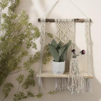 Wall Tapestry, Woven Wall Shelf Wooden Wall Decor Floating Hanging Storage Shelf Bohemian Cotton Rope - details 3