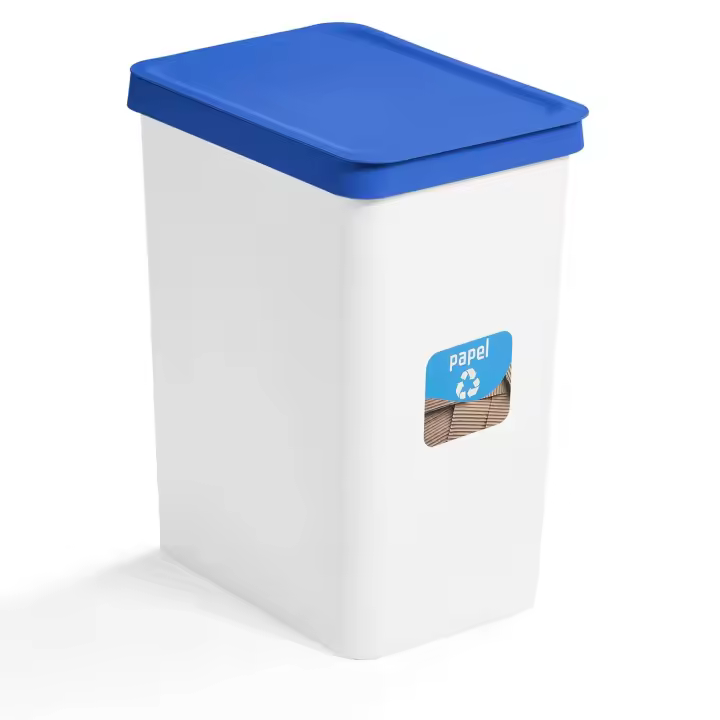 28L - Papelera reciclaje papel y cartón , Tapa azul y pegatina de reciclaje , Cubo blanco ecológico de plástico reciclable , Apto para bolsas de 30L , Diseño ligero y moderno , Libre de BPA , Ideal para hogar y oficina - 1