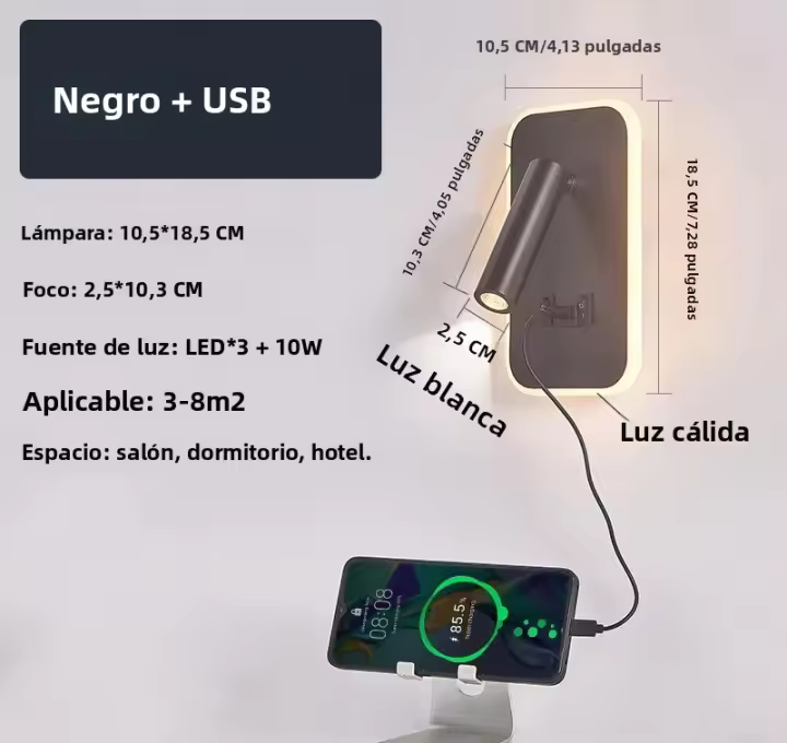 Lámpara De Pared Moderna Recargable Iluminación Para Lectura En La Habitación Decoración Para El Salón Spot De Pared LED Con Soporte De Aluminio Negro Y Blanco - 1