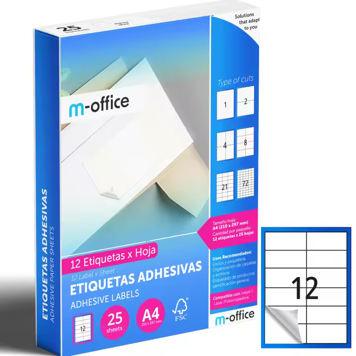 M-office Etiquetas Adhesivas A4 compatible con Label Printer, Pegatinas Blancas Adhesivas para Uso Diario, Papel Adhesivo para Imprimir, Pegatinas para Escribir (12 por hoja, 25h) - 1