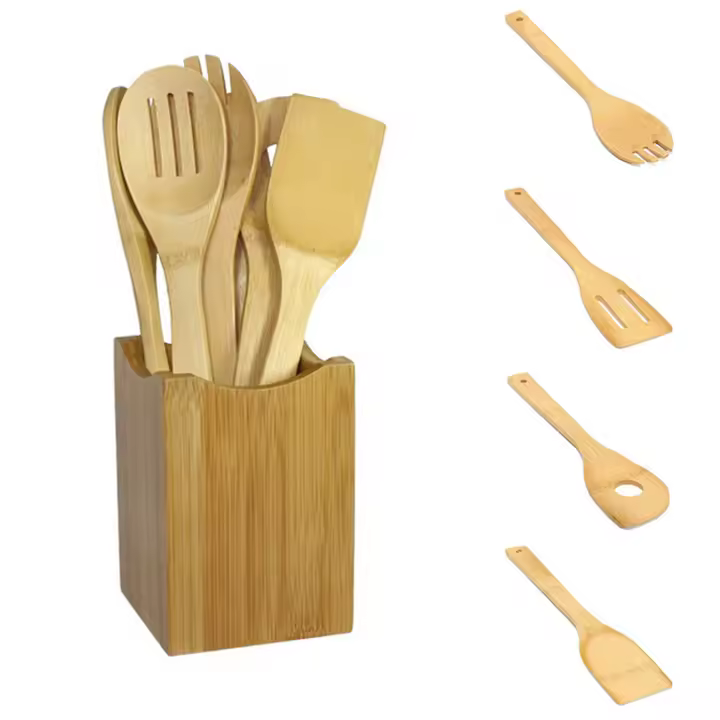 Set De Utensilios De Cocina 6 Piezas Antiadherente Con Mango De Madera Cuchara De Sopa Espátula Cuchara De Arroz Shovel Conjunto De Cocina Ecológico - 1